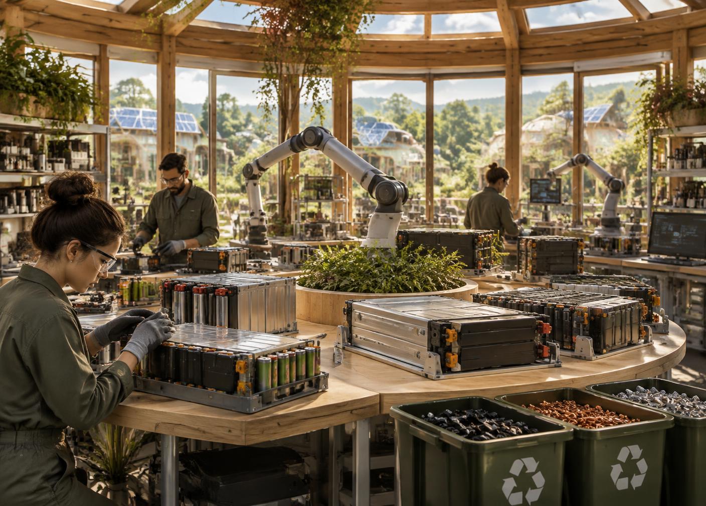 Circular battery reuse workshop with robotics and plants