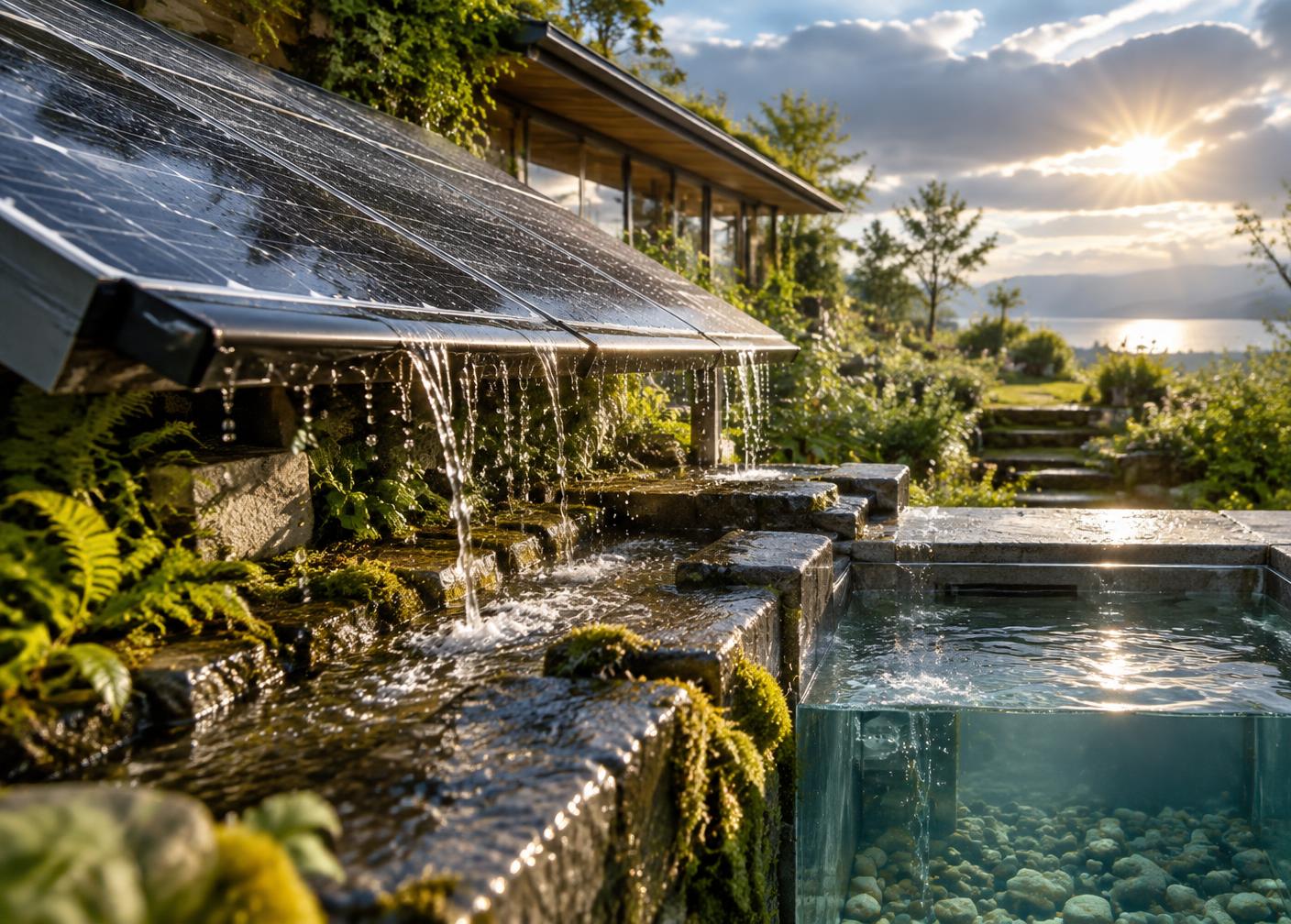 Rainwater flowing from photovoltaic panels into a clear garden cistern