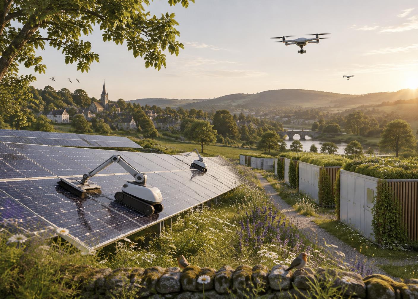 Maintenance robots cleaning solar panels among wildflowers beside a village