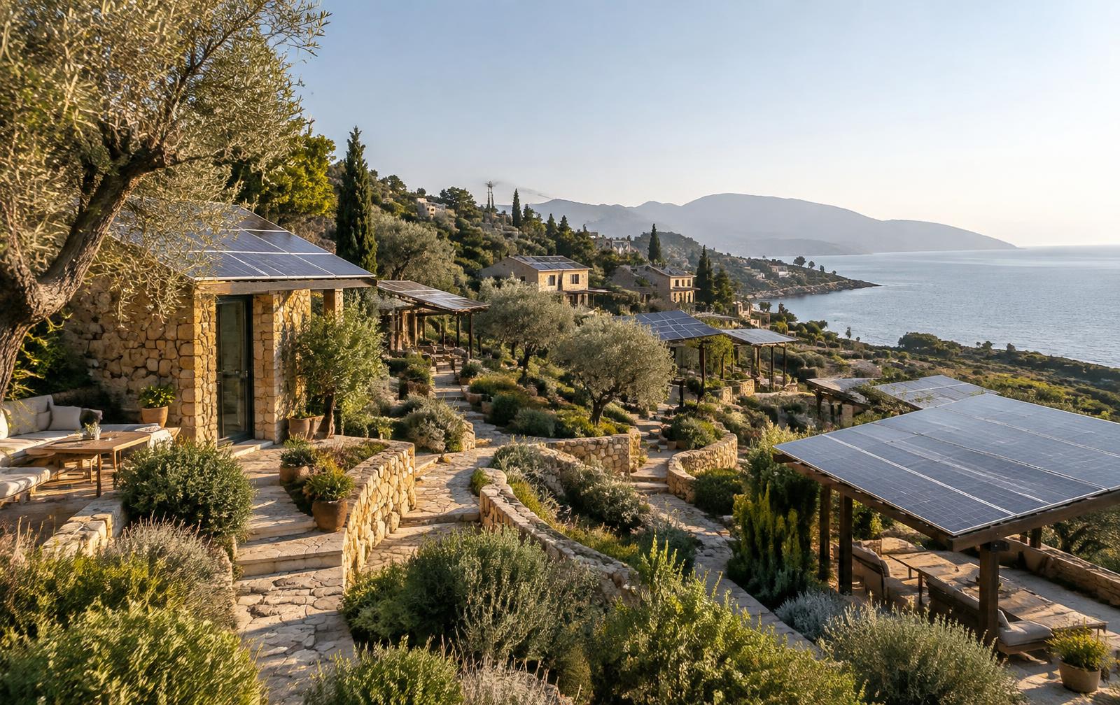 Solarpunk Mediterranean village with solar panels integrated into stone homes and gardens